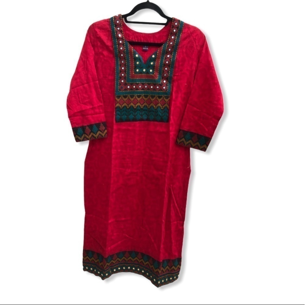 EUC long kurta top red embroidered mirror work S